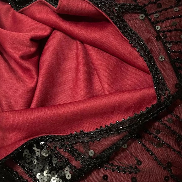 Vampy Gothic Maxi Dress- Black Mesh and Sequins over Red lining w/ Tassels LARGE - Picture 12 of 14